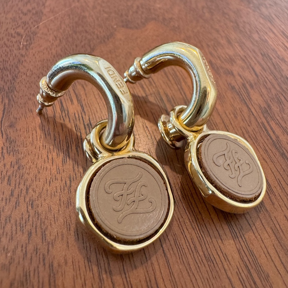 Fendi Gold & Brown Logo Karligraphy Earrings